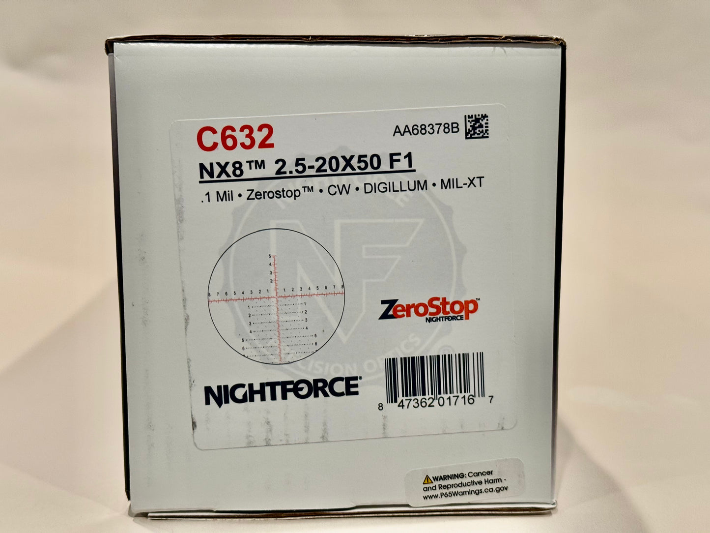 Nightforce NX8 2.5-20 MIL-XT Black Zerostop CW DIGILLUM .1 MIL-RAD AA68378B