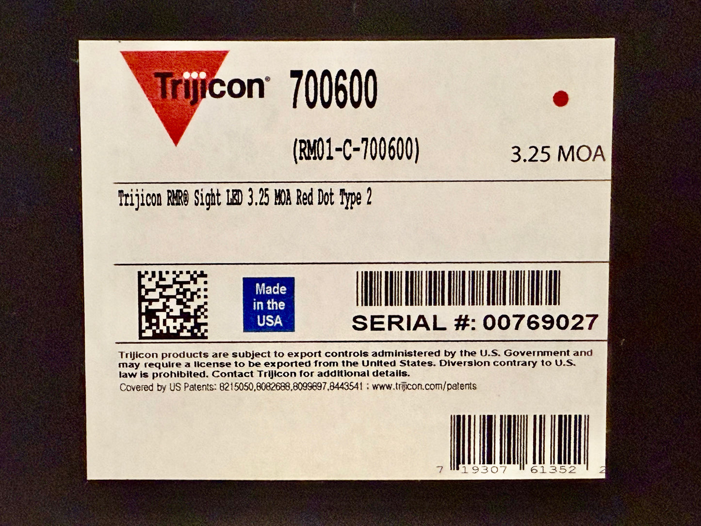 Trijicon RMR 3.25 MOA Black Type 2 RM01-C-700600 00769027