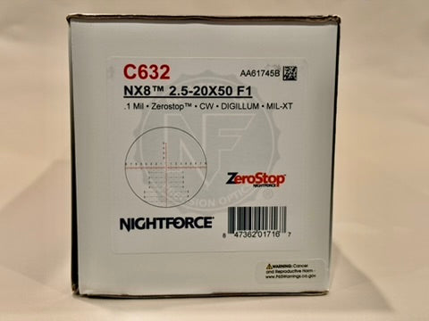 Nightforce NX8 2.5-20 MIL-XT Black Zerostop CW DIGILLUM .1 MIL-RAD AA61745B